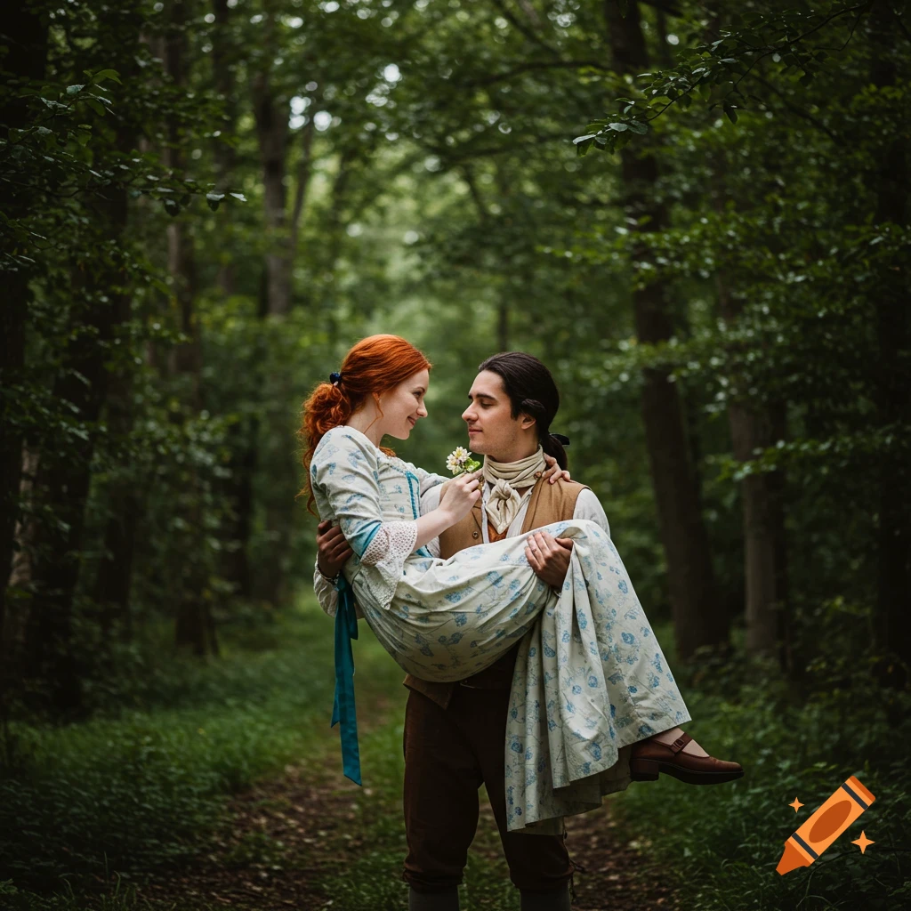 A man carries a woman in 18th-century clothing in a forest, they look at each other, romantic style photo.