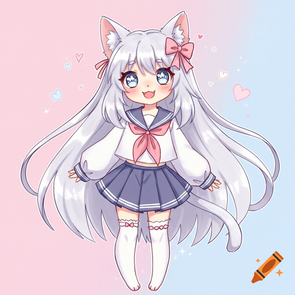 Cute anime cat girl in a sailor uniform with cat ears and tail.