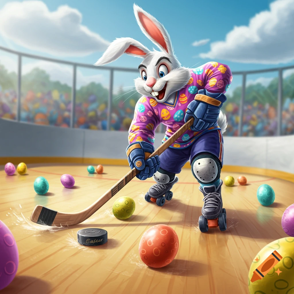 Cartoon Easter bunny in roller skates plays hockey on a rink, hitting Easter eggs with a stick.