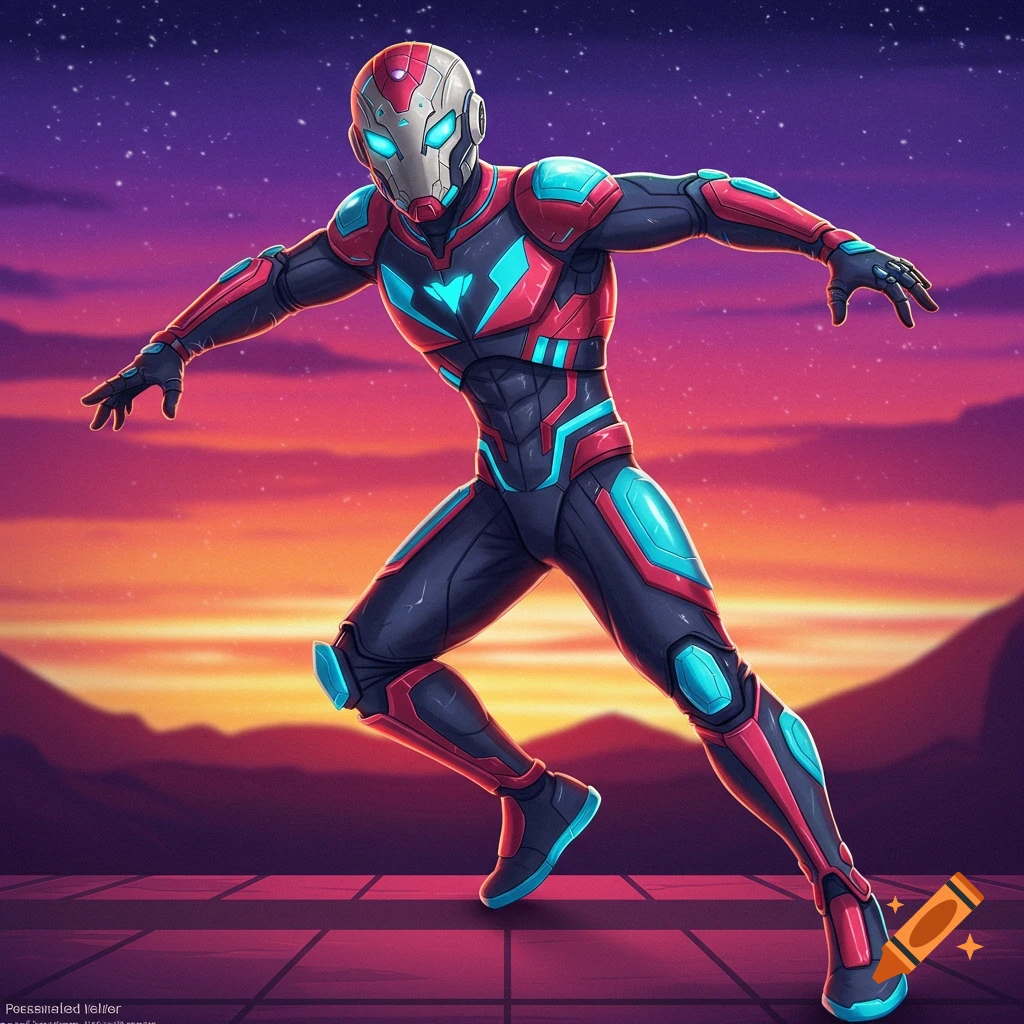 A superhero action figure posing against a twilight sky and mountains.