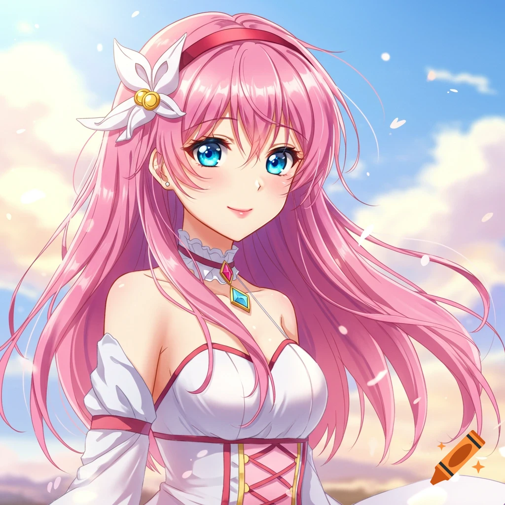 Anime girl with pink hair and blue eyes smiling outdoors.