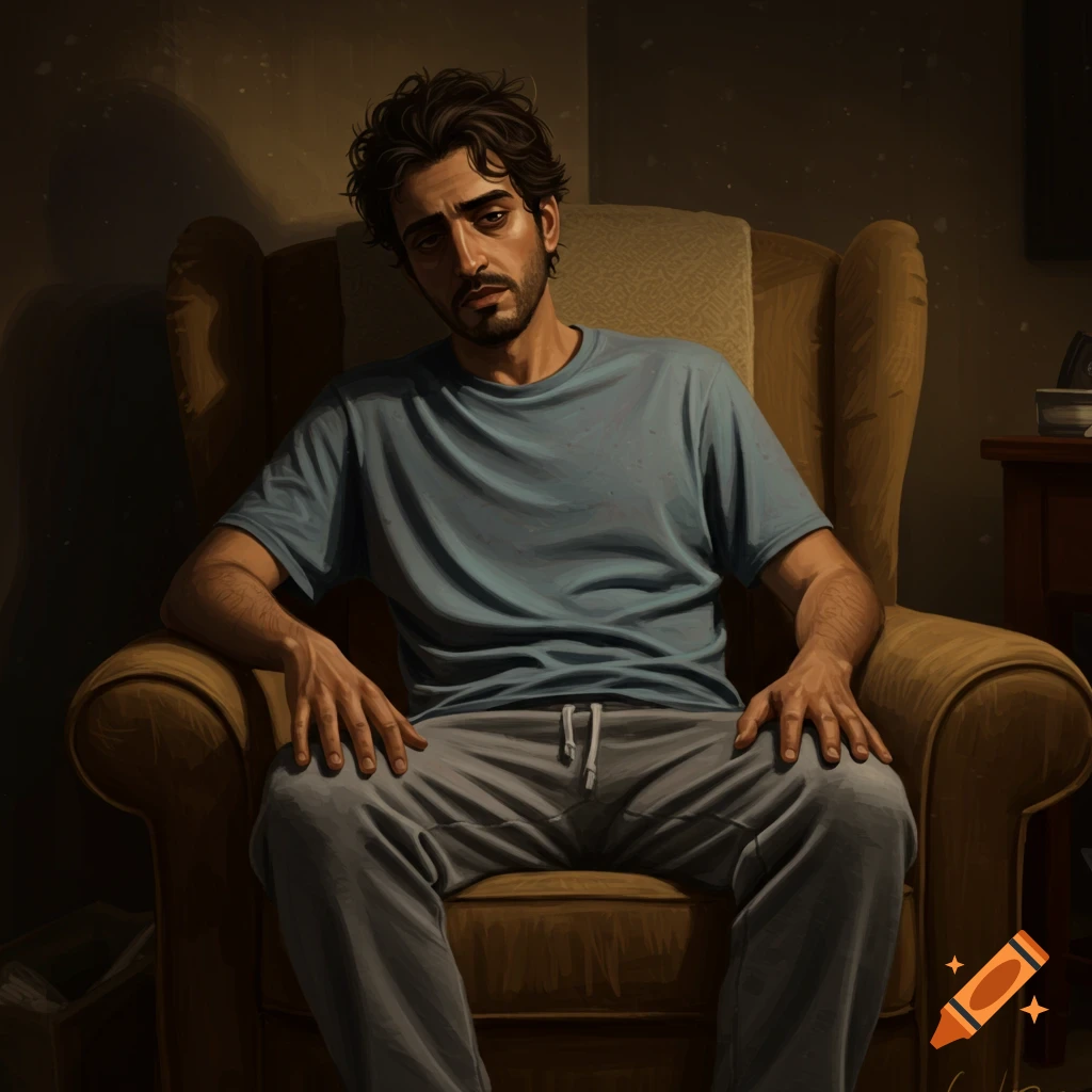 A tired man sits slumped in an armchair in a dimly lit room.