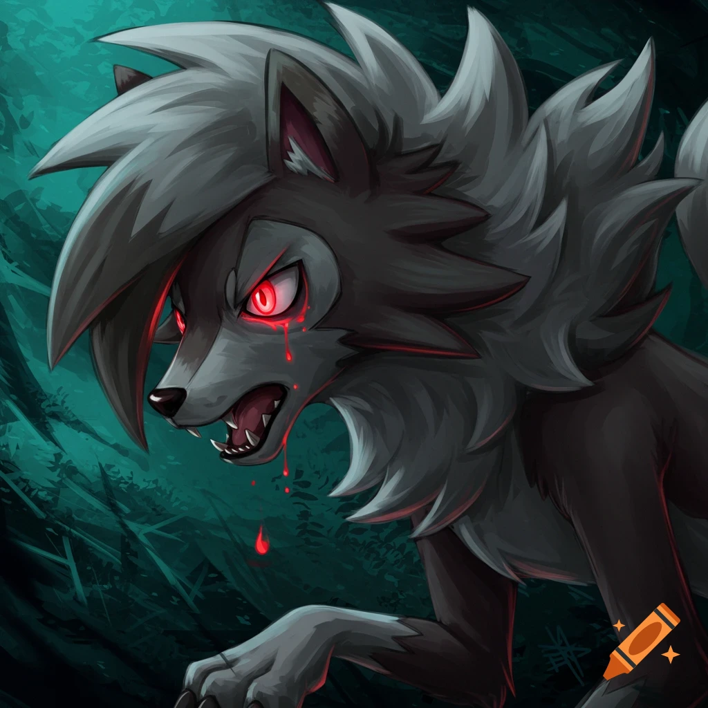 Lycanroc Midnight Form Pokemon with red eyes and dripping red liquid