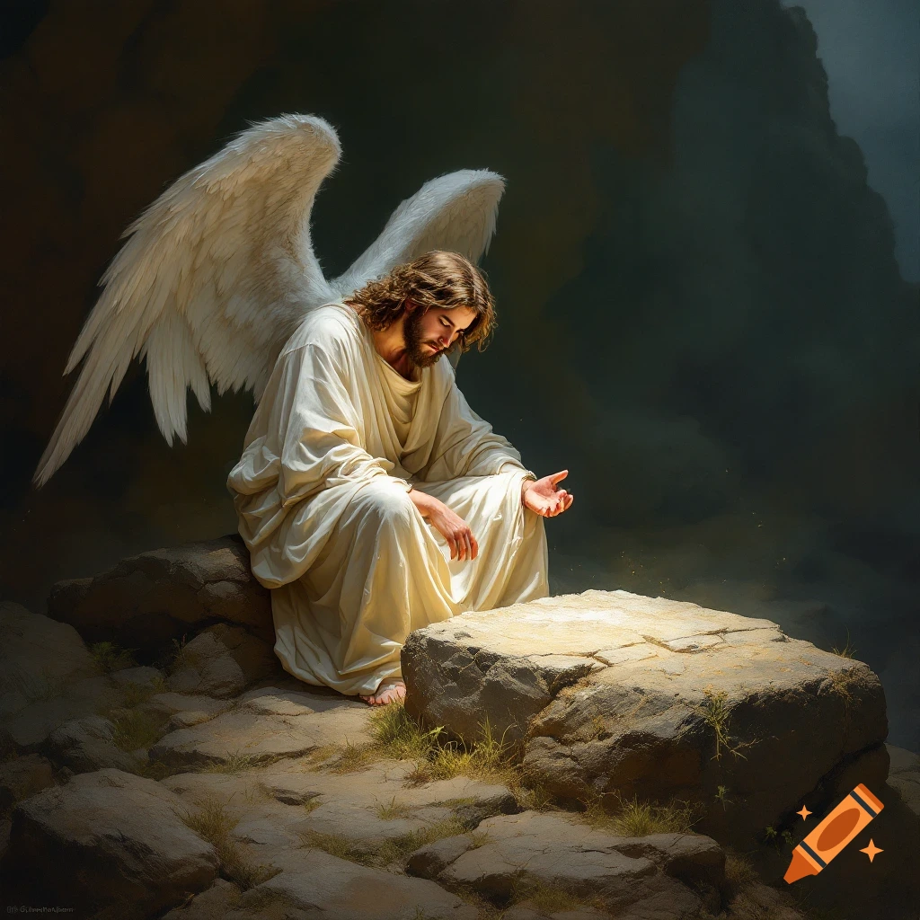 An angel with large white wings kneels on rocks, looking down at a glowing surface.