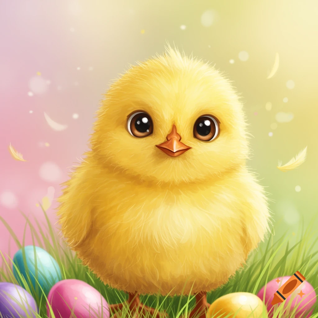 A fluffy yellow Easter chick among colorful Easter eggs.