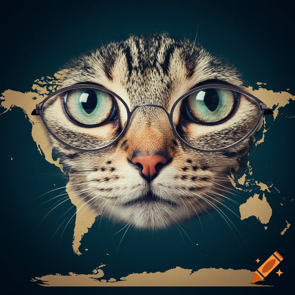 Close up of a cat face with green eyes and glasses superimposed over a world map.