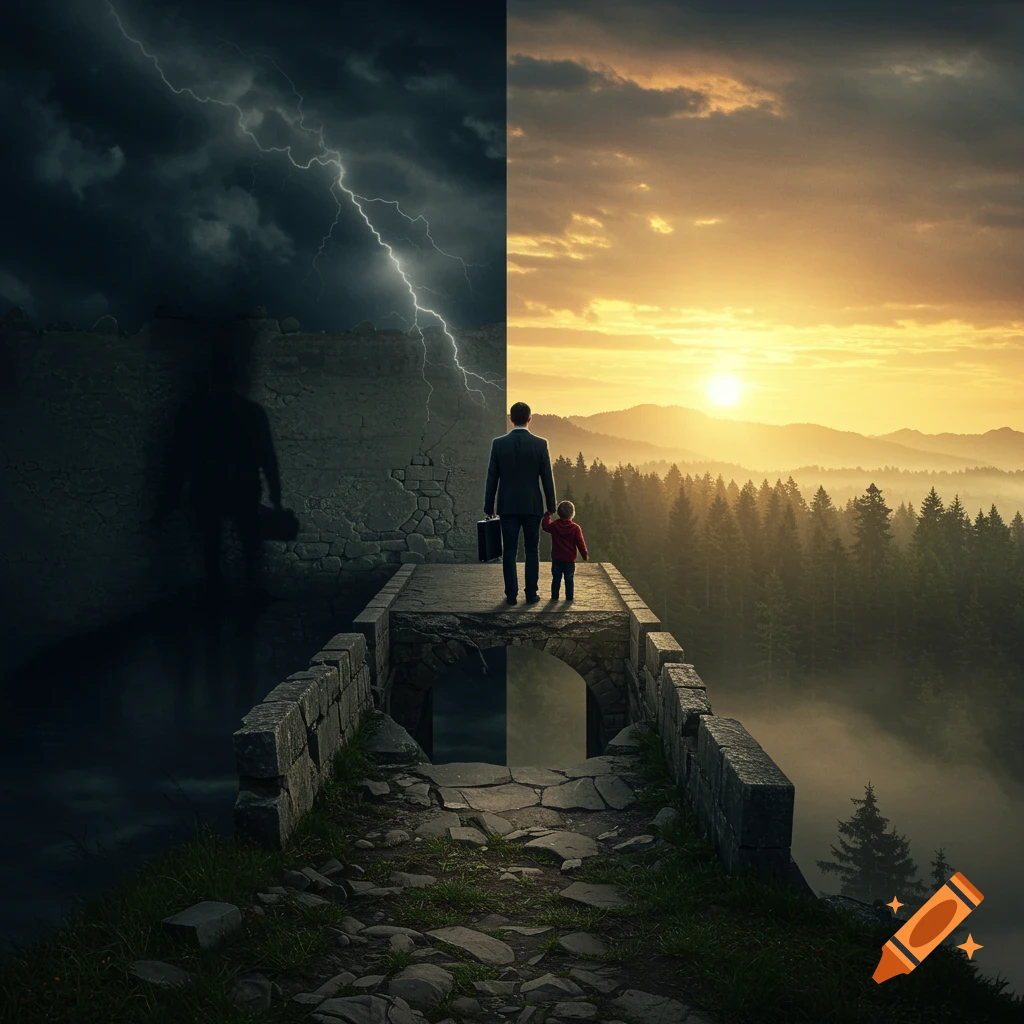 Symbolic image of a man and child on a bridge split between storm and sunrise over a forest.