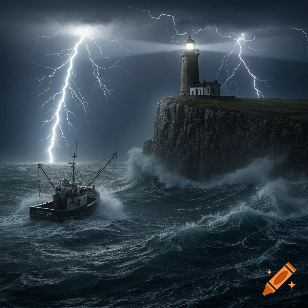 A fishing boat battles large waves near a lighthouse on a cliff during a lightning storm.