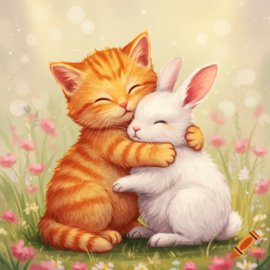Orange kitten hugging white bunny in a field of flowers.