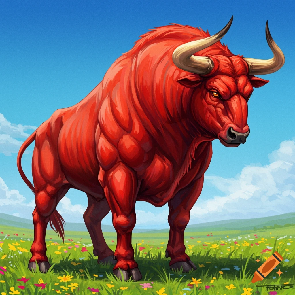 A stylized red bull stands in a field of flowers.