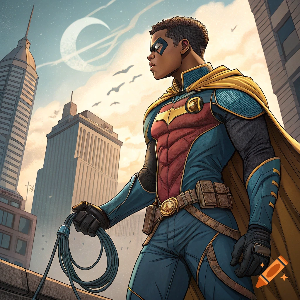 Man in a Robin superhero costume stands on a rooftop holding a rope with city buildings and a crescent moon in the background, comic art style.
