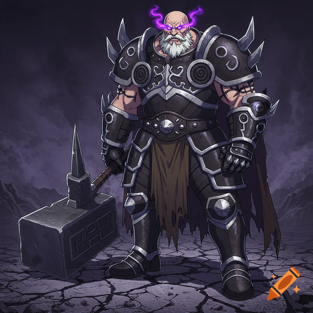 Anime style fantasy warrior in dark armor with glowing purple eyes, holding a large hammer on cracked ground.