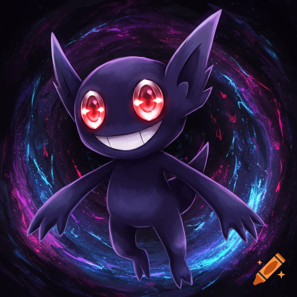 A picture of the Pokemon Sableye floating against a swirling cosmic background.