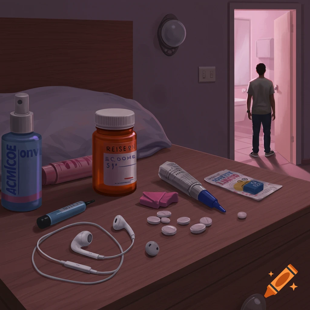 A bedside table holds pills, earbuds, and bottles. In the background, a man stands in a bathroom doorway.