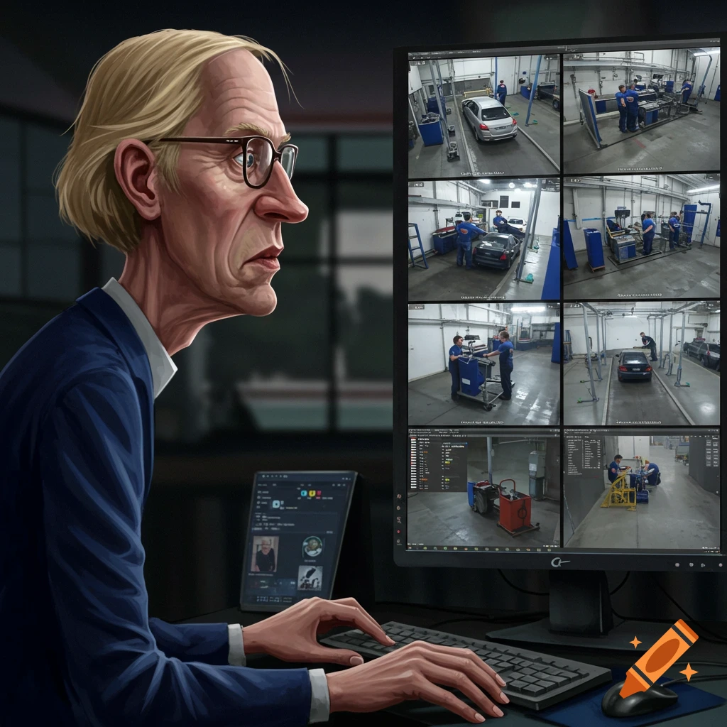 A man with glasses watching security camera feeds on a computer screen.