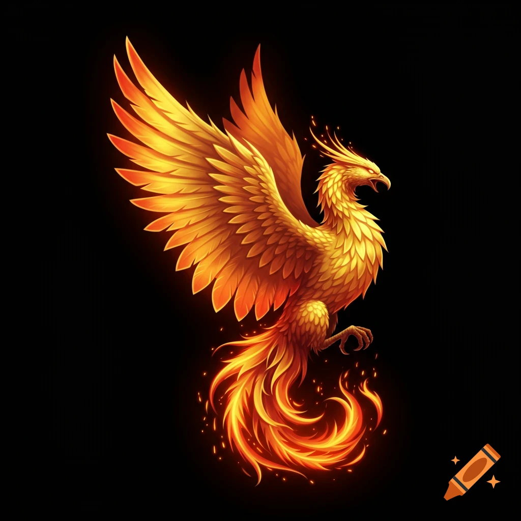 Digital illustration of a fiery golden phoenix with spread wings and a tail of flames.