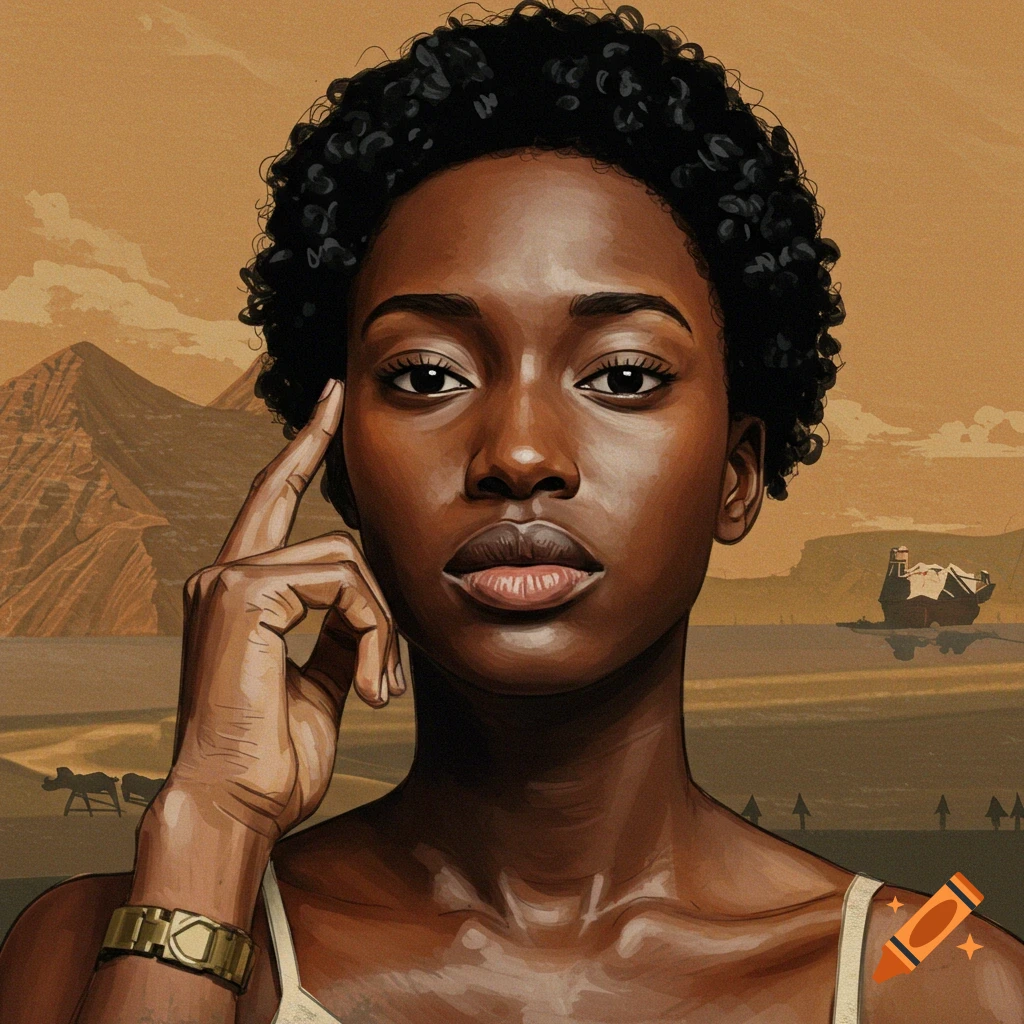 Portrait of a Black woman touching her head in a desert landscape with pyramids.