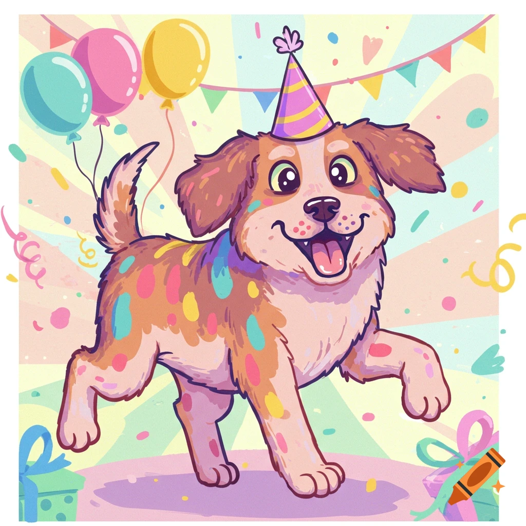 Colorful cartoon dog in a party hat celebrating a birthday