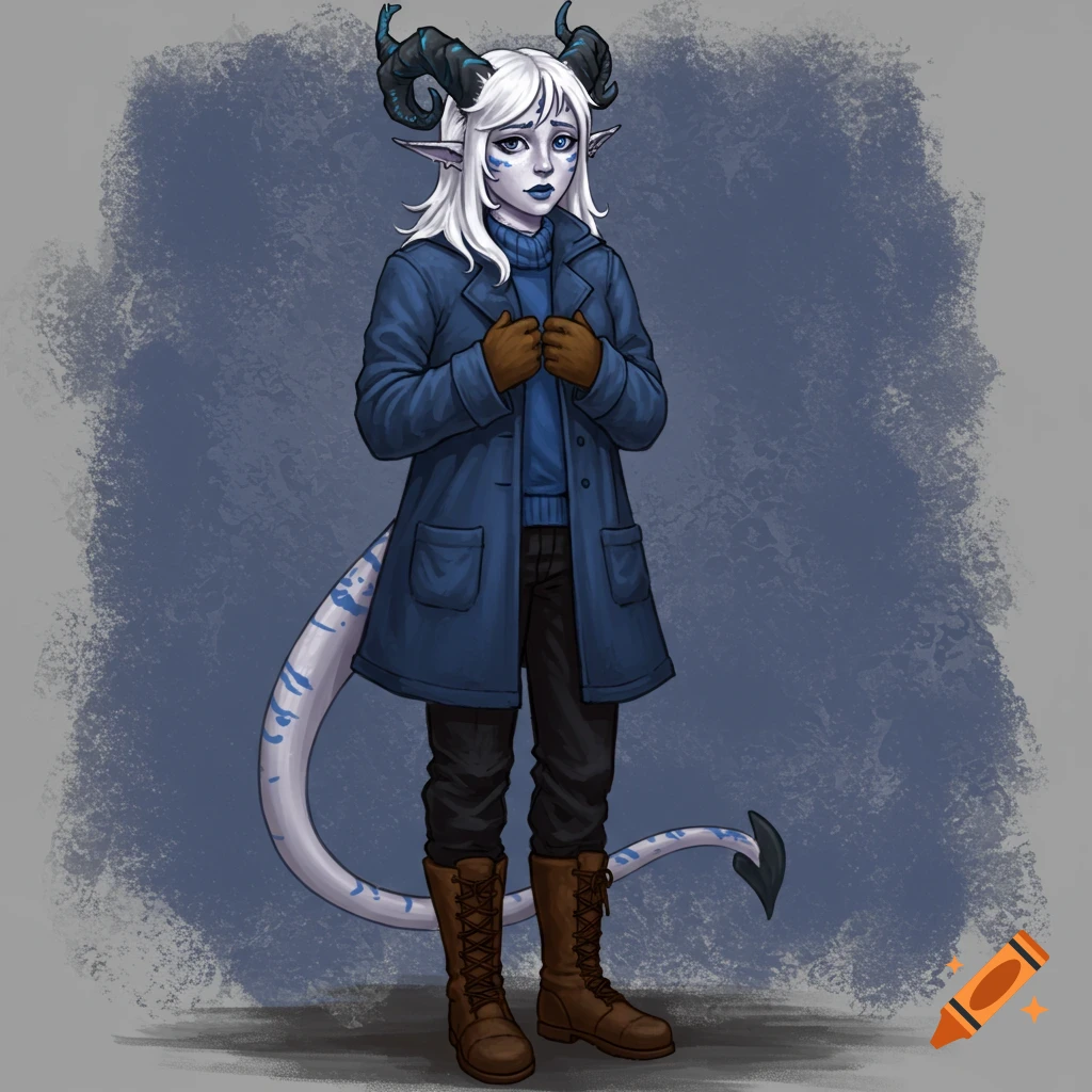 A fantasy character with horns and a tail, wearing a blue coat and brown boots.