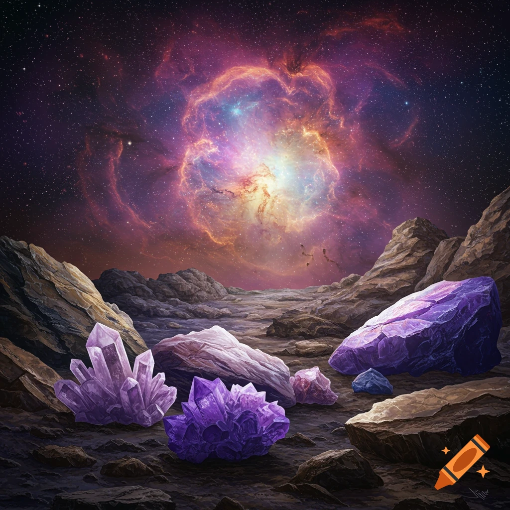 A rocky landscape with purple crystals under a colorful nebula.