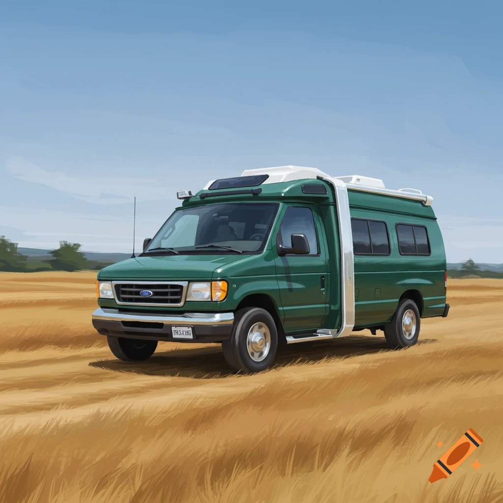 A green Ford Econoline camper van parked in a dry field.