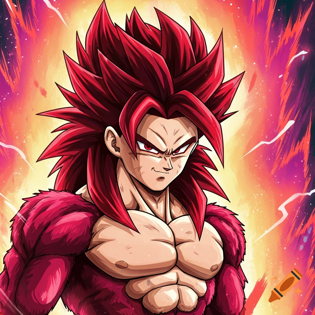An anime character with red spiky hair and fur, muscular build, glowing red eyes, against an energy background.