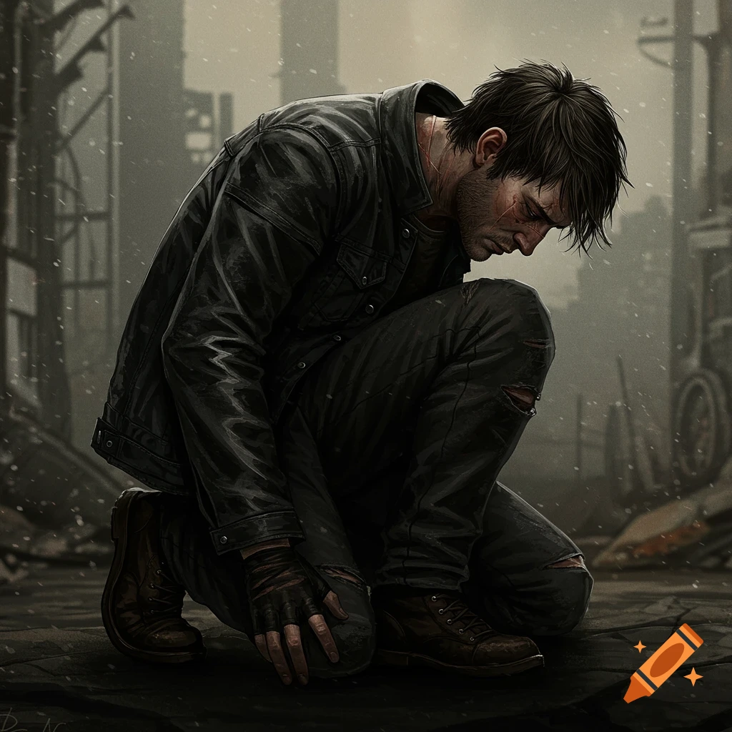 A man kneels looking down in a ruined, snowy environment.
