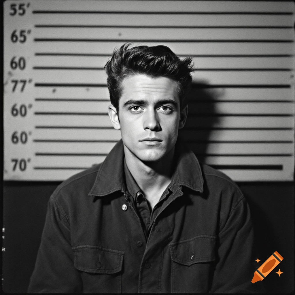 Black and white portrait of a young man in a mugshot pose against a height chart.