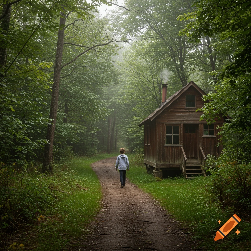 A person walks on a path towards a rustic wooden cabin in a misty forest.
