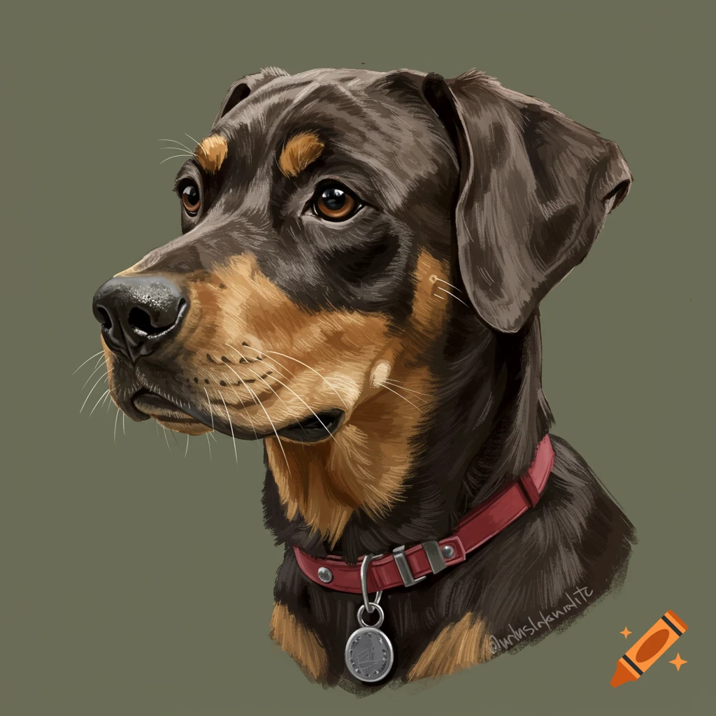 Portrait of a brown and tan dog with a red collar