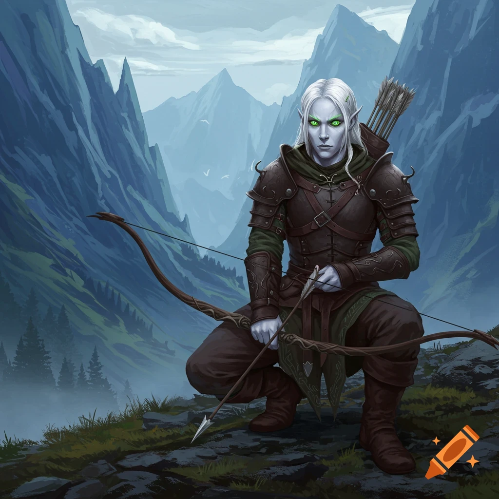 A fantasy ranger with a bow and arrow is crouching in the mountains.