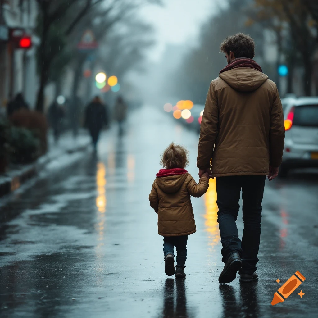 A man and a child walk hand-in-hand down a wet, rainy street.