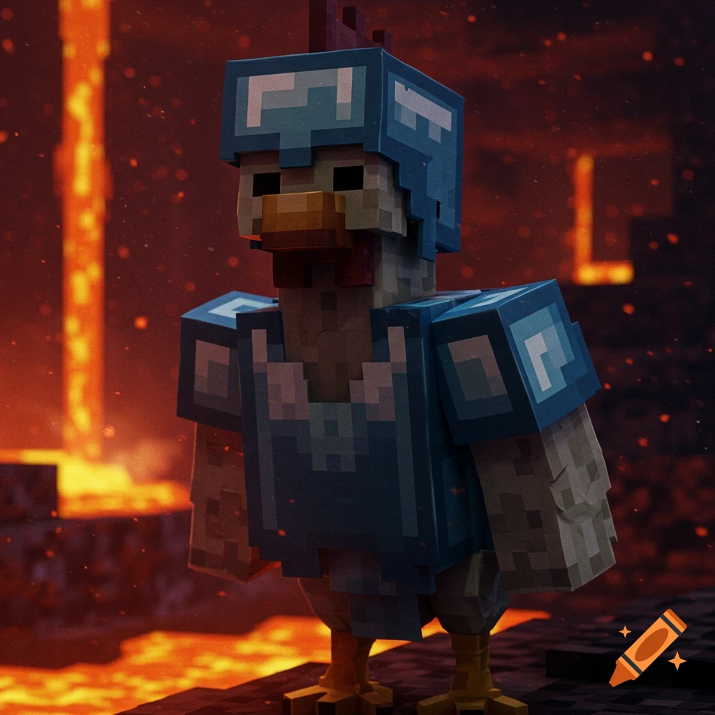 A Minecraft chicken in blue armor stands near lava.