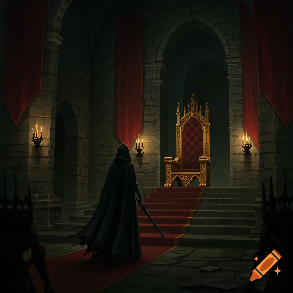A hooded figure stands before a grand, dark throne in a large hall.