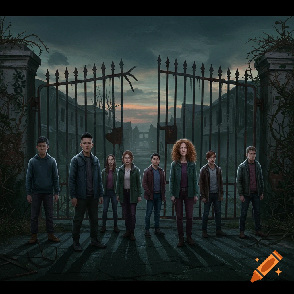 Eight young people standing in front of the spooky gates of an abandoned town.