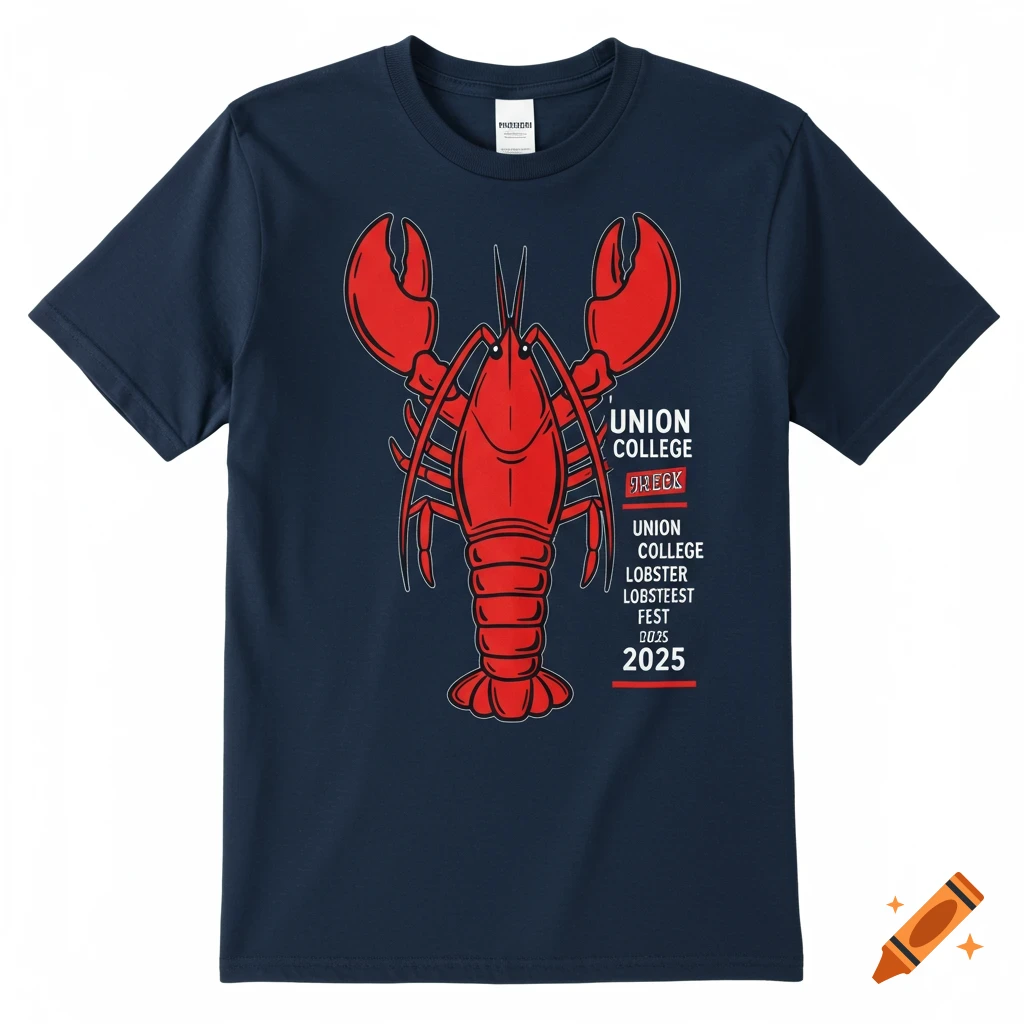 Navy t-shirt with a red lobster graphic and event text