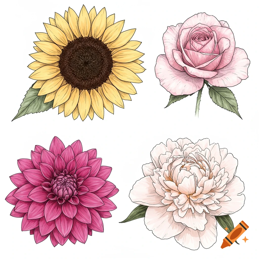 Fine line sketch illustration of four different flowers: sunflower, rose, dahlia, and peony.
