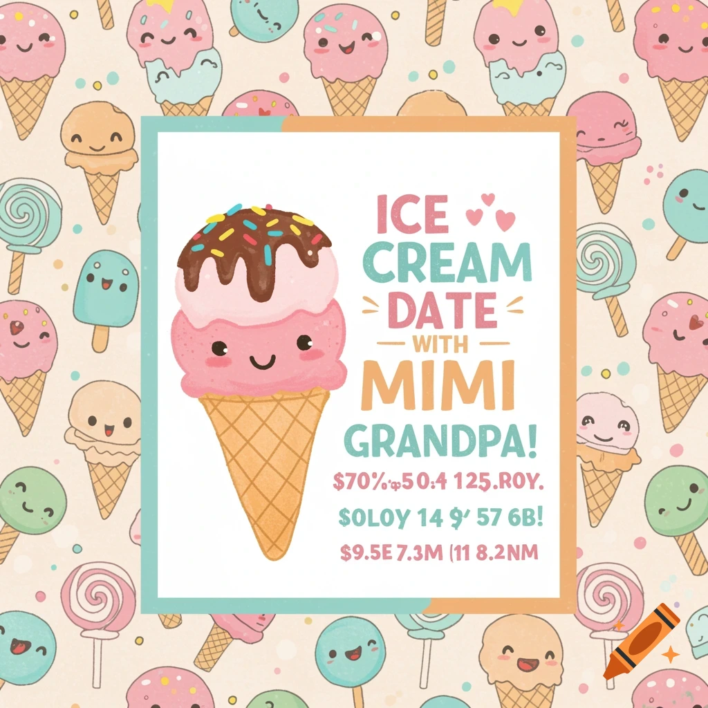 Cute illustration of an ice cream cone with text on a background pattern of smiling ice creams and candies.