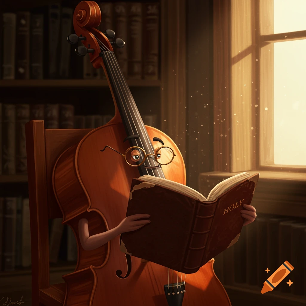 Cartoon cello with glasses sitting in a library chair, reading a book titled HOLY.