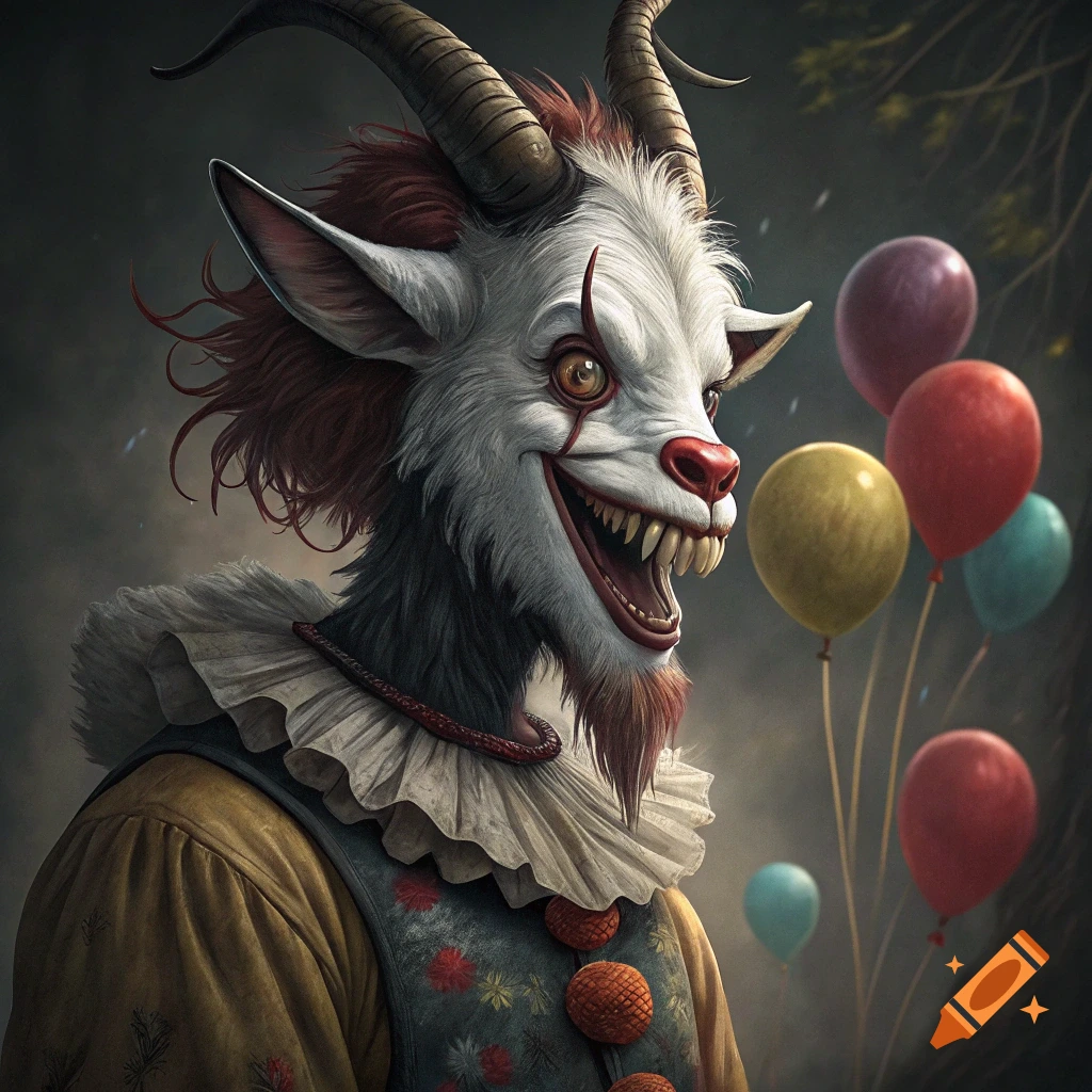 A creature combining a goat and Pennywise the Clown, wearing a clown suit and holding balloons.