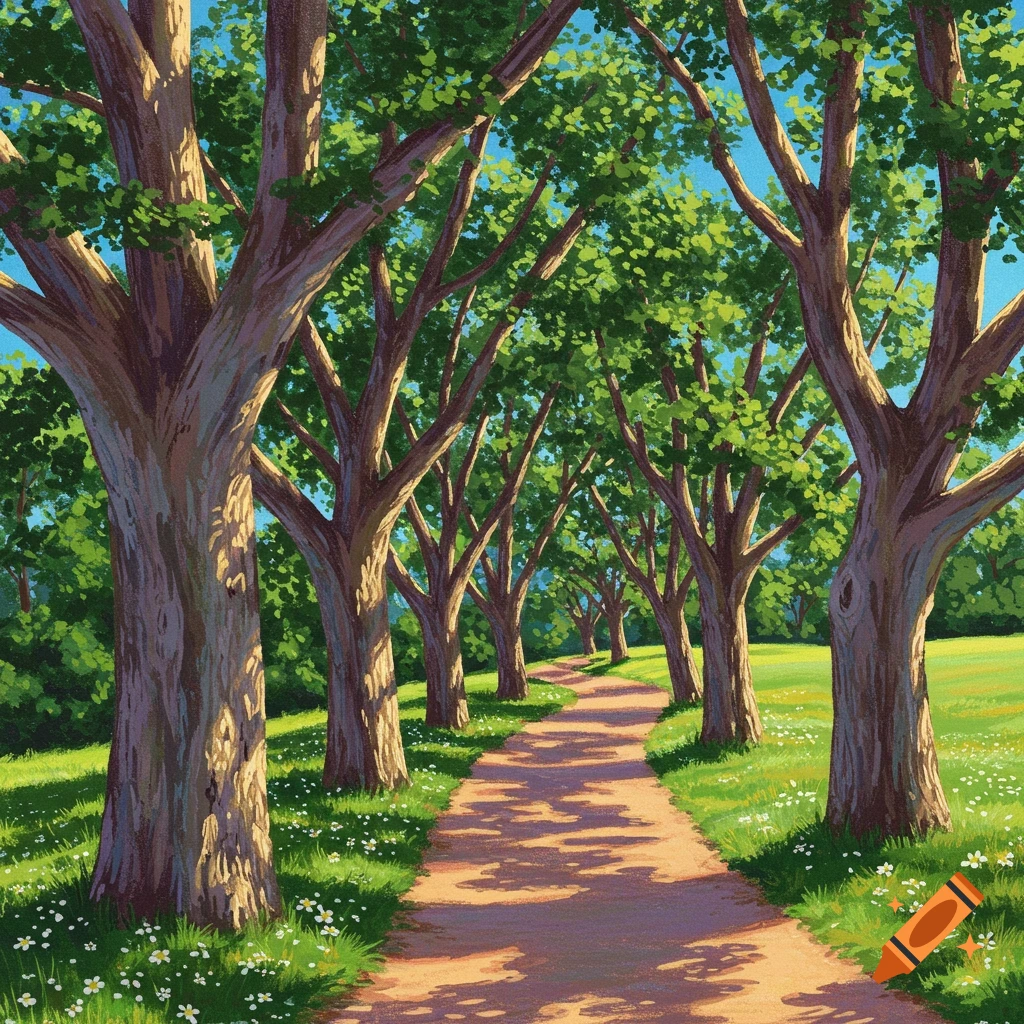 A sunlit path winding through an avenue of trees.