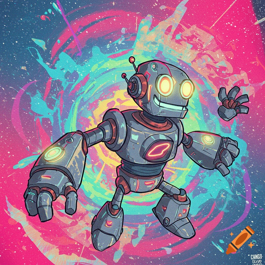 Cartoon robot against a vibrant abstract background.