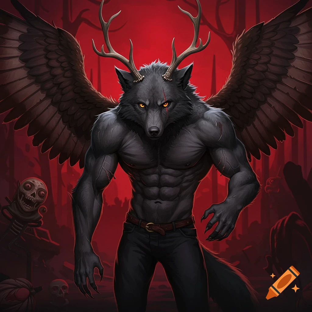 Illustration of a muscular dark fantasy creature with wolf features, antlers, and wings in a dark forest with a red sky.
