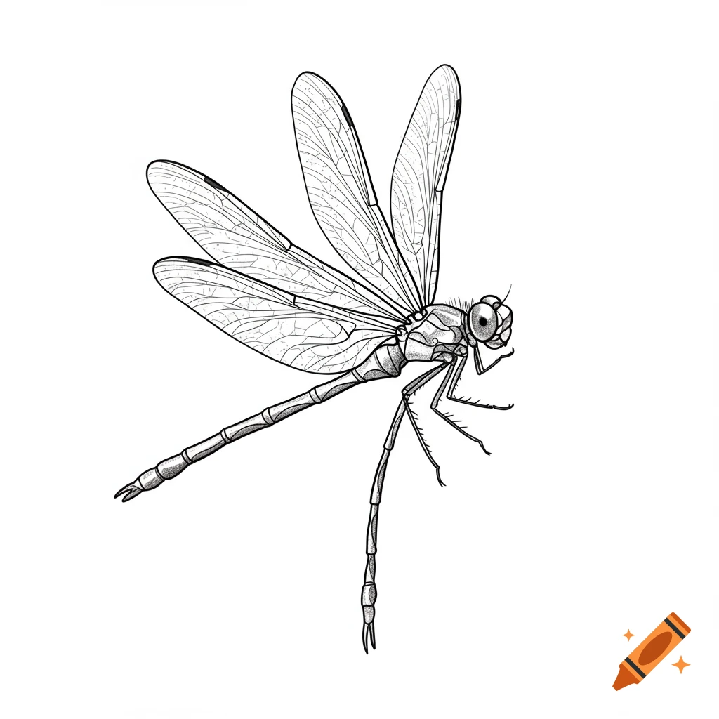 Fine line drawing of a dragonfly with wings on one side, as if in mid-flight.