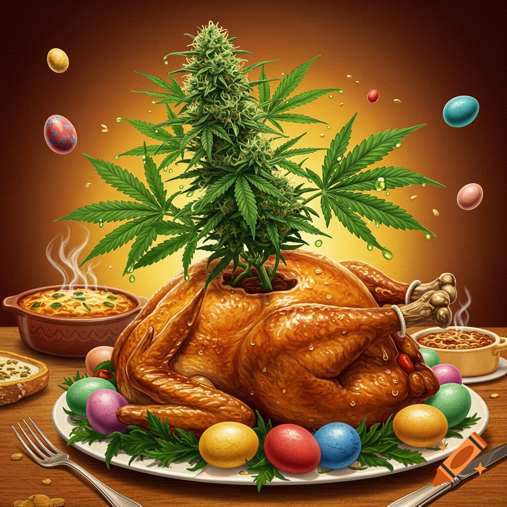 A roasted turkey with a cannabis plant growing out of it, surrounded by Easter eggs and food on a table.