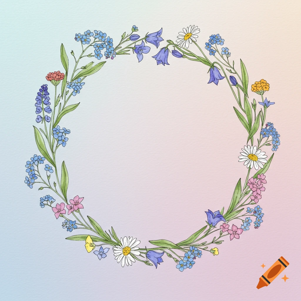 A circular frame of watercolor woodland wildflowers