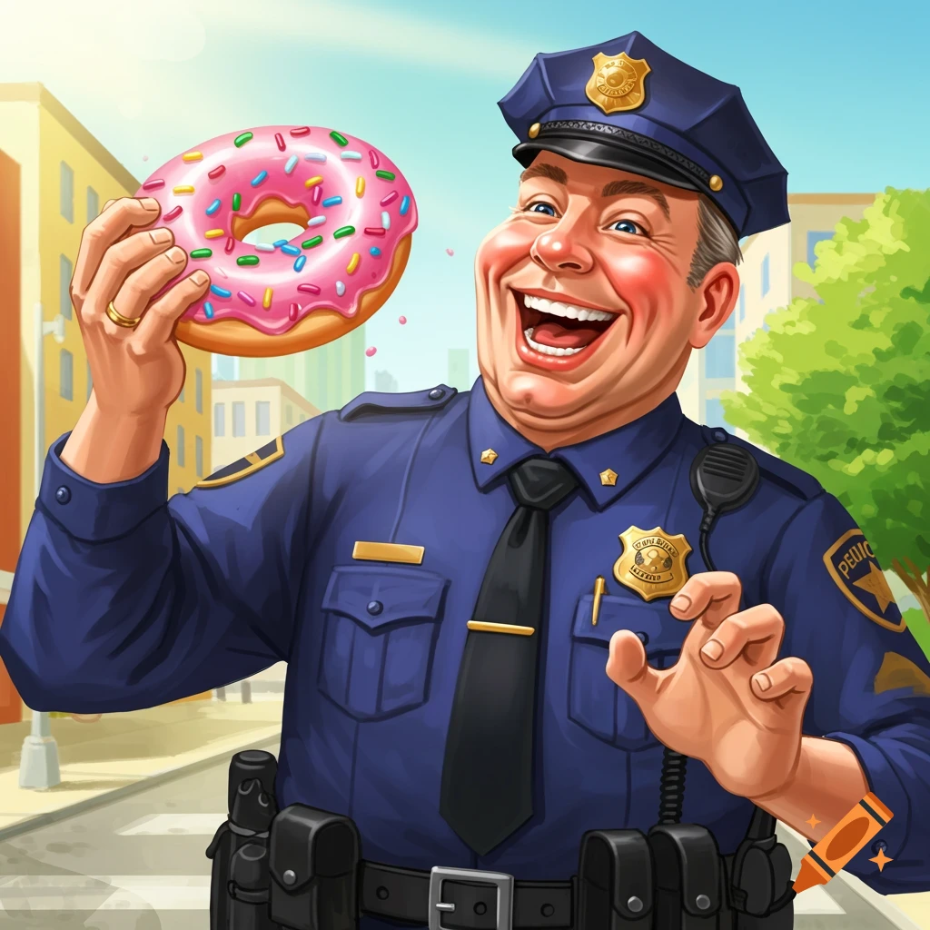 Cartoon illustration of a happy policeman holding a large pink donut with sprinkles.