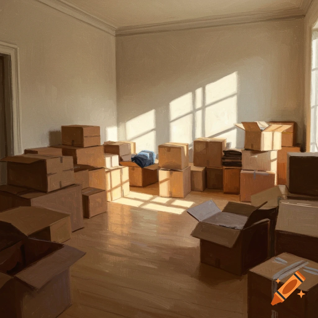 Impressionistic painting of a room filled with cardboard packing boxes, sunlit