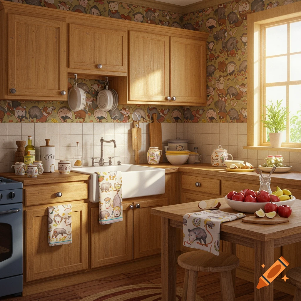 A cozy kitchen with wooden cabinets, opossum-themed wallpaper and towels, and kitchen items.