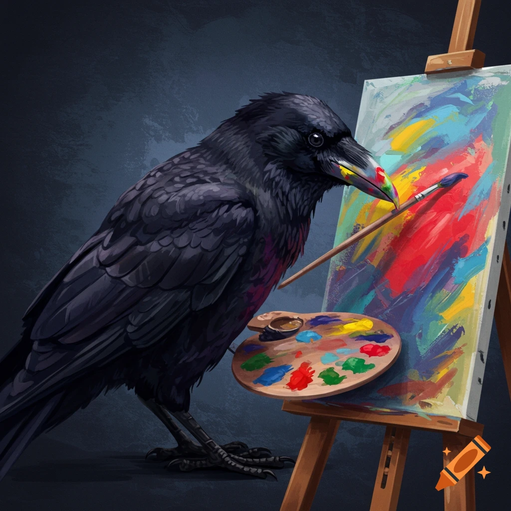 A stylized image of a black crow standing next to an easel, holding a paintbrush in its beak, and painting abstract colors on a canvas with a wooden palette and paints nearby.